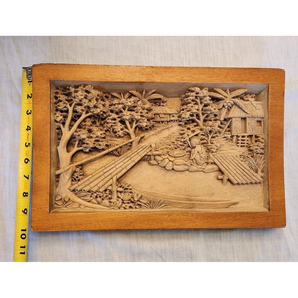 Southeast Asian Hand Carved Wood High Relief Pastoral Rustic Village Hut Scene - Picture 2 of 11